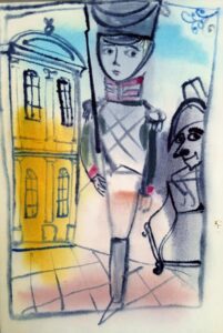 . Г.А.В. Траугот. Иллюстрация к Андерсену «Стойкий оловянный солдатик». 1983. Бумага, акварель, тушь