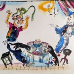 Г.А.В. Траугот. Иллюстрация к неопубликованной книге «Веселые клоуны». 1950-е. Линогравюра подкрашенная
