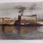 Г.Н. Траугот. Корабль у моста (эскиз). 1940-е. Бумага, акварель