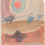 Вера Павловна Янова. Автомобиль и велосипедист. 1950-е. Бум., акварель